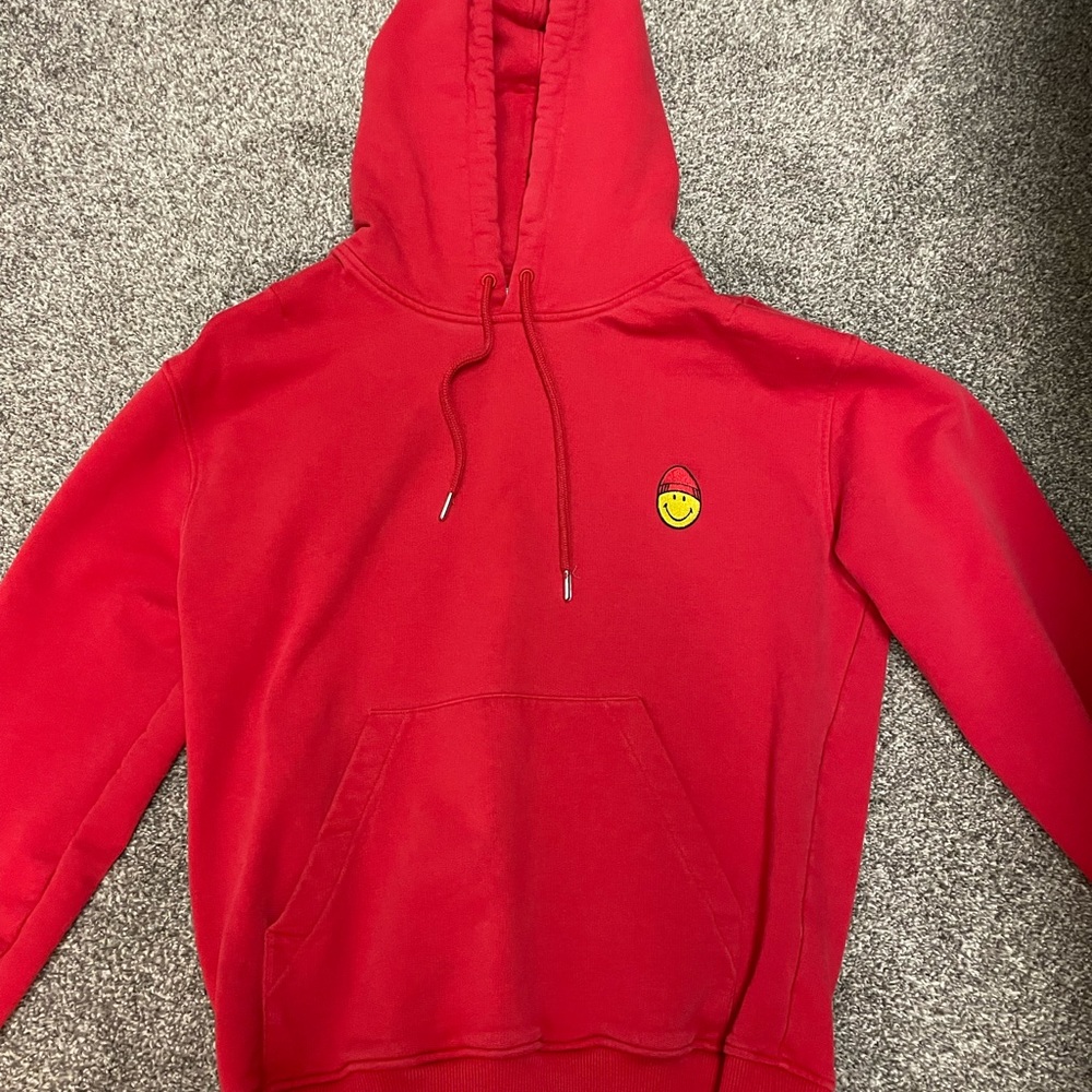 AMI Paris Mens Medium Red Hoodie with Patch Smiley